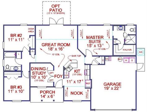 Floor Plan First Story of Florida Style Plan #150-1011 Exterior Wall Materials, House Plans 3 Bedroom, Monster House Plans, Florida Style, Build Your Own House, Traditional House Plan, Bay House, One Story Homes, Alexandria Va