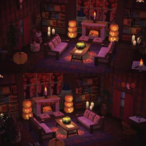 Acnh Spooky Living Room, Acnh Halloween Room Ideas, Acnh Halloween Interior, Acnh Halloween House, Acnh Haunted House, Spooky Acnh Island, Spooky Island Animal Crossing, Spooky Animal Crossing Island, Animal Crossing Spooky Island