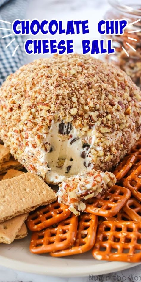 When chocolate chip cookie dough meets cheesecake, you get this mouthwatering Chocolate Chip Cheese Ball – and it really is as delicious as it sounds! Chocolate Chip Cheese All, Chocolate Chip Cream Cheese Ball, Chocolate Chip Cheeseball, Chocolate Chip Cheese Ball, Cookie Dough Ball, Dessert Cheese Ball, Cheese Ball Recipes Easy, Dessert Cravings, Cream Cheese Ball