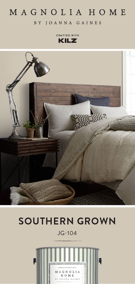 Add a soft neutral hue to the walls of your home with Southern Grown, from the Magnolia Home by Joanna Gaines® Paint collection. Take design inspiration from this rustic bedroom. Dark wood furniture, industrial lighting, and a neutral color palette create the perfect complement for this hue. Click below for full color details to learn more. Bedroom Color Schemes With Dark Wood, Bedroom Makeover With Dark Furniture, Rooms With Dark Wood Furniture, Bedroom Paint With Dark Furniture, Modern Bedroom With Dark Wood Furniture, Southern Grown Magnolia Paint, Wall Color With Dark Furniture, Magnolia Home Bedroom Ideas, Dark Wood Headboard Bedroom Decor