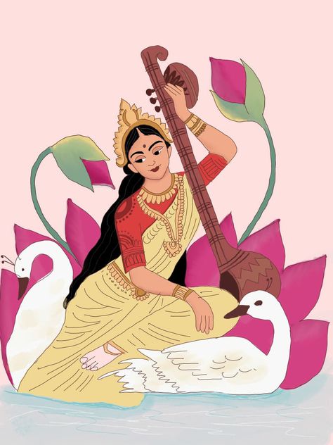 Saraswati Puja Drawing For Kids, Saraswati Devi Sketch, Sarswati Maa Paintings, Durga Art Paintings, Sarswati Maa Drawings, Laxmi Goddess Drawing, Saraswati Goddess Paintings Sketch, Saraswati Puja Drawing, Saraswati Goddess Paintings