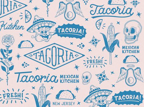 Pattern Design for Tacoria by Zachary Kiernan Mexican Graphic Design, Mexican Designs, Restaurant Branding, Custom Letters, Mexican Restaurant, 로고 디자인, Branding Inspiration, Mexican Food, Identity Design