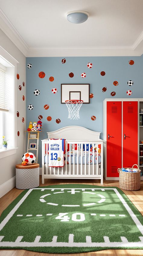 Nursery Room Ideas Sport Themed Nursery, Basketball Room Ideas For Boys, Baby Boy Sports Nursery, Sports Nursery Ideas, Sports Theme Nursery, Colorful Nursery Ideas, Basketball Nursery, Playful Nursery, Sports Themed Nursery