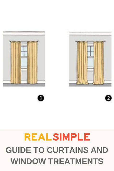 Your Guide to Curtains and Window Treatments | Check out this primer on how to dress up your windows in any space.  Here, our answers to how long your curtains should be.  #homedecor #windowtreatments #realsimple How Long Curtains Should Be, Floor Length Curtains On Small Window, Window Against Wall Curtains, Curtains Small Window, 96 Inch Curtains, Different Types Of Curtains, Curtains For Windows, Kitchen Curtains And Valances, Sheet Curtains