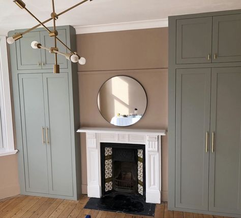 Built In Wardrobe Around Fireplace, Wardrobe Fireplace Bedroom, Wardrobe Next To Fireplace, Alcove Wardrobe Ideas, Panelled Wardrobe Doors, Small Victorian Bedroom, Built In Wardrobe Ideas Alcove, Victorian House London, Alcove Storage Living Room