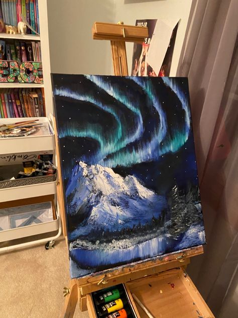 Bob Ross Inspired Paintings, Painting Bob Ross, Aurora Borealis Painting, Aurora Borealis Art, Northern Lights Art, Northern Lights Painting, Inspired Painting, Bob Ross Paintings, Acrylic Painting Diy