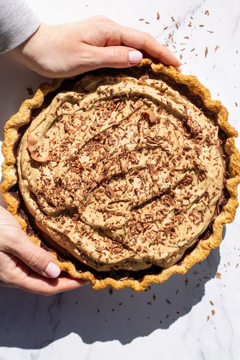 Chocolate Cream Pie with Espresso Whipped Cream - Kitchen-by-the-Sea Chocolate Cream Pie With Espresso Whipped Cream, Espresso Chocolate Cream Pie, Chocolate Espresso Pie, Espresso Pie, Espresso Desserts, Espresso Whipped Cream, Mocha Pie, Whipped Cream Pie, Baking Weights