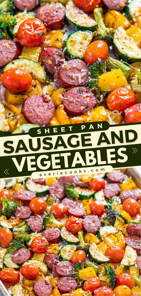 Easy Sheet Pan Sausage and Veggies - Averie Cooks Sheet Pan Sausage And Veggies, Pan Sausage And Veggies, Sausage And Vegetables, Sheet Pan Sausage, Sausage And Veggies, Sausage Dinner, Kielbasa Recipes, Easy Sheet Pan Dinners, Sheet Pan Dinners Recipes