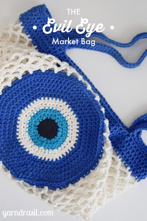 Evil Eye Market Bag | Yarndrasil Evil Eye Crochet Bag Pattern Free, Crochet Evil Eye Pillow Free Pattern, Evil Eye Crochet Pattern Free, Evil Eye Crochet, Eye Crochet, Bag Free Crochet Pattern, Crochet Market Bag, Crochet Clutch, Crochet Bags Purses