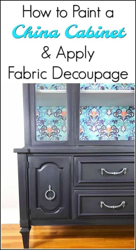 A painted china cabinet with gorgeous fabric decoupage. Deep gray with purple undertones make this painted china cabinet amazing. #paintedfurniture #paintedcabinet #furnituremakeover #paintedchinacabinet #furnituredecoupage #paintedfurnitureideas #fabricdecoupage via @justthewoods Refinished China Cabinet With Wallpaper, Painted China Cabinet Ideas, Gray With Purple Undertones, Painted China Cabinet, Rooms To Go Furniture, Decoupage Fabric, Painted Furniture For Sale, Painted China Cabinets, Fabric Decoupage