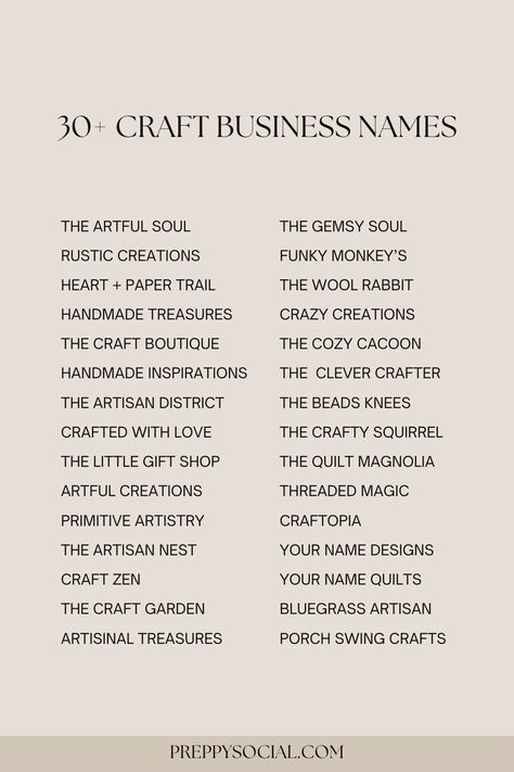 35 Craft Business Names That Will Inspire You

Looking for a unique and inspiring name for your craft business? Check out this list of 35 great options! #craftbusiness #craftnames#Craft_Account_Names_For_Instagram #Crochet_Account_Name_Ideas #Names_For_Crochet_Business #Cricut_Business_Names Crochet Account Name Ideas, Business Account Name Ideas, Instagram Account Names, Craft Business Names, Company Name Ideas, Free Business Logo, Cricut Business, Business Name Ideas, Business Fonts