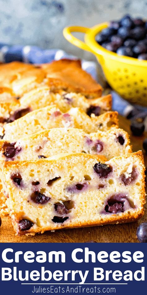 The Cream Cheese Blueberry Bread is quick, easy and so delicious! Loaded with fresh, juicy blueberries and so moist. Grab your blueberries and make this Blueberry Bread for breakfast or dessert! #blueberry #bread #freshbluberries #freshblueberry #quickbread #recipe #recipeidea #recipes #julieseatsandtreats Dessert Blueberry, Blueberry Bread Recipe, Bread For Breakfast, Cream Cheese Bread, Dessert Oreo, Tiramisu Dessert, Desserts Keto, Blueberry Desserts, Blueberry Bread