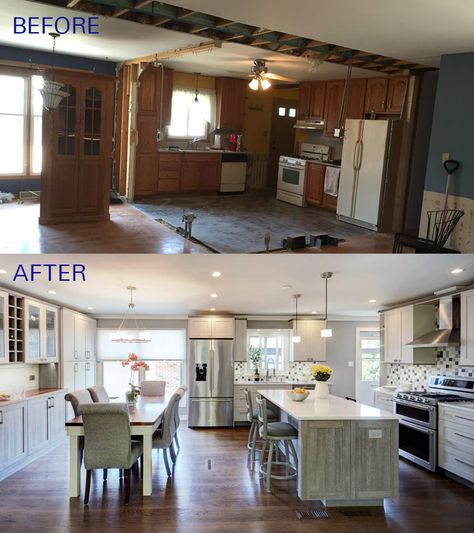 Before and After of this beautiful open concept kitchen. The Before picture was taken right after they knocked down the wall between the dining room/living room and the #kitchen and then the final result a Dream Kitchen!  #BeforeAndAfter #KitchenRemodel #BeautifulKitchen Split Level Kitchen Remodel Open Concept, Split Level Kitchen, Split Level Kitchen Remodel, Open Concept Living Room, Classic Kitchen, After Pictures, Kitchen Remodeling Projects, Living Room Remodel, Open Concept Kitchen