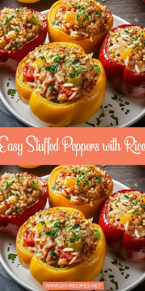 Try these delicious stuffed peppers filled with ground beef, rice, and cheese! A comforting family dinner ready in under an hour. Best Stuffed Pepper Casserole, Stuffed Bell Peppers With Zucchini, Filled Peppers Beef, Beef Stuffed Peppers Recipe, Stuffed Green Peppers With Rice, Stuffed Peppers With Ricotta Cheese, Fall Stuffed Peppers, Recipe For Stuffed Peppers Ground Beef, Stuffed Peppers With Ground Chicken