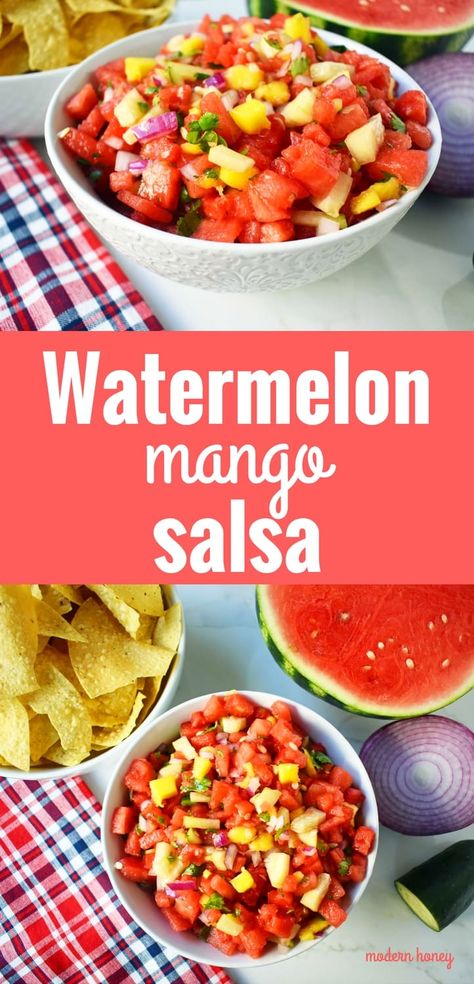 Mango Crisp, Dips Savory, Mango Spicy, Watermelon Salsa Recipe, Summer Entertaining Recipes, Mexican Party Food, Summer Salsa, Modern Honey, Fresh Salsa Recipe