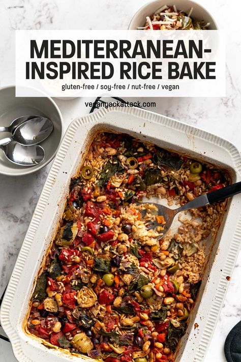 Mediterranean Rice Bake, Convenient Dinner, Gf Cooking, Vegetarian Rice, Rice Bake, Vegan Greek, Vegan Rice, Baked Rice, Vegetable Rice