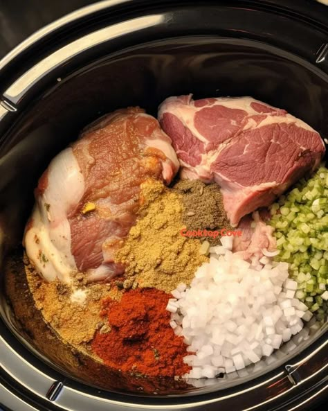 Dump these seasonings over pork shoulder & get the best ever Mexican meal Mexican Pork Shoulder Recipes, Pork Shoulder Steak Recipes Slow Cooker, Slow Cooker Pork Shoulder Recipes, Spanish Pork Shoulder, Mexican Shredded Pork, Pork Shoulder Steak Recipes, Slow Cooker Pork Carnitas, Pork Shoulder Recipe, Carnivore Meals