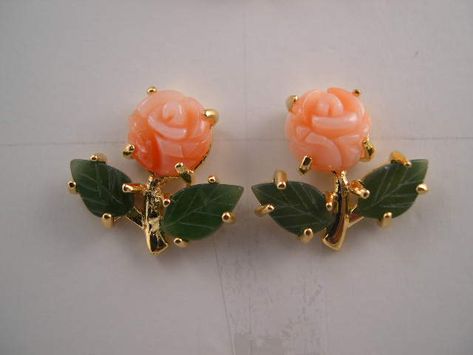 A grown-up version of the little porcelain rosebud earrings that were popular right around the time I got my ears pierced. Coral Tulips, Coral Earring, Ears Pierced, Flower Earrings Gold, Coral Roses, Leaves Earrings, Indian Jewelry Earrings, Black Beads Mangalsutra Design, Beautiful Gold Necklaces