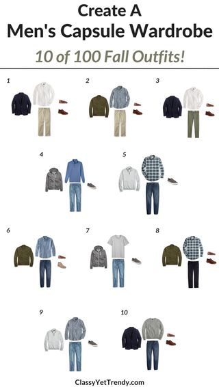 Create a Men’s Capsule Wardrobe: 10 Fall Outfits Minimalist Wardrobe Men, Fashion Lessons, Capsule Clothing, Capsule Wardrobe Men, Husband Fashion, Men's Capsule Wardrobe, Create A Capsule Wardrobe, Muji Style, Clothes Combinations