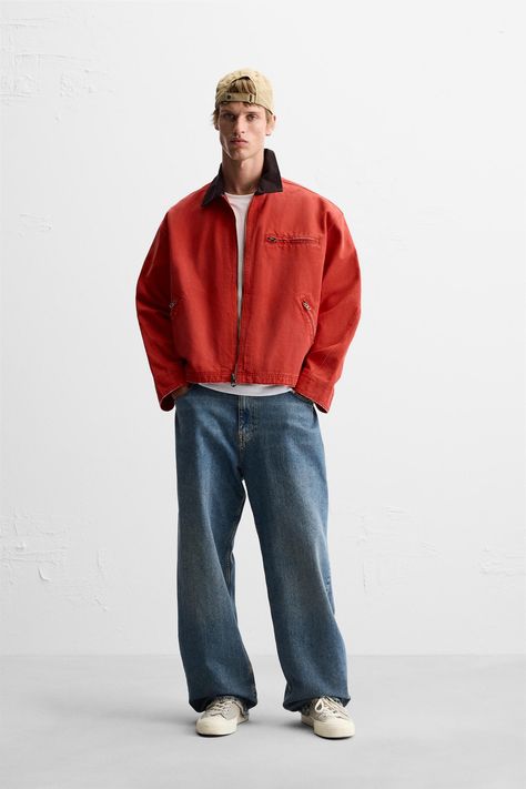 CONTRASTING COLLAR JACKET Red Jacket Men, Souvenir Jacket, Jean Vest, Cardigan Sweater Jacket, Collar Jacket, Denim Jacket Men, Contrast Collar, Zara Man, Tshirt Skirt