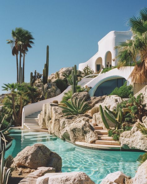 Who ordered the desert oasis with a side of pool? 🫠 I love when architecture embraces nature. #EndlessSummer Desert Resort Design, Desert Oasis Home, Oasis Architecture, Desert Swimming Pool, Desert Buildings Architecture, Bloxburg Resort, Desert Spa, Egypt Hotel, Desert Resort Architecture