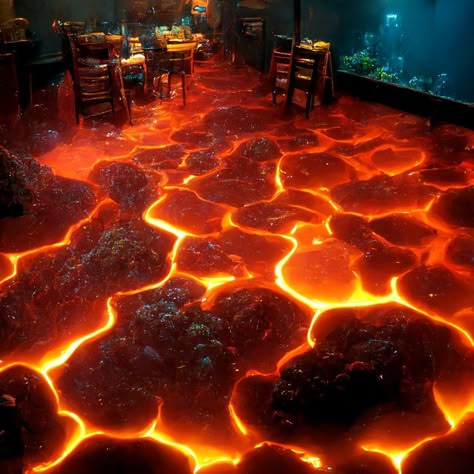 Underwater restaurant with Floor as lava theme Volcano Bedroom Ideas, Fire Themed Bedroom, Fire Stage Design, Lava Underwater, Floor Is Lava Birthday Party, Lava Decoration, Fire Restaurant, Lava Wall, Tiki Theme