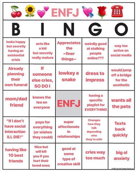 ENFJ Bingo #ENFJ #MBTI Enfj Movies, The Protagonist Enfj, Enfj Love Language, Enfj Starter Pack, Enfj Bingo, Enfj Facts, Enfj Celebrities, Enfj Personality Funny, Enfj Personality Characters