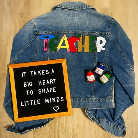 Teacher jean jacket.hand painted jean jacket.customized hand painted jacket. Denim jacket. Custom demin Teacher Jacket Ideas, Teacher Denim Jacket, Teacher Jean Jacket, Painted Jacket Denim, Hand Painted Jean Jacket, Jacket Customized, Painted Jean Jacket, Hand Painted Jacket, Jacket Hand Painted