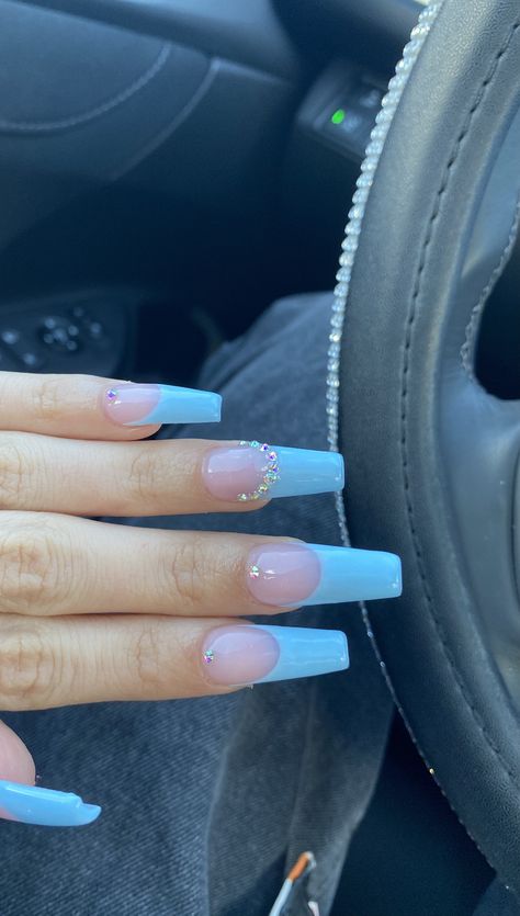 April Bday Nails, Birthday Nails Inspo Blue, Light Blue Nails With Diamonds, Light Blue Sparkle Nails Acrylic, Light Blue Nails With Gems, Blue Sparkle Nails Acrylic, Nails For 16 Birthday, Light Blue Nail Inspo Acrylic, Blue Sparkle Acrylic Nails