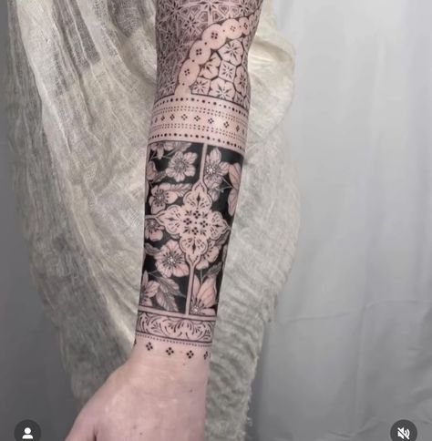 Indian Arm Sleeve Tattoo, Aztec Wrap Around Tattoo, Hand To Forearm Tattoos For Women, Wrist Pattern Tattoo, Ornamental Half Sleeve Tattoo, Islamic Art Tattoo, Quilt Pattern Tattoo, Lattice Tattoo, Quilt Block Tattoo