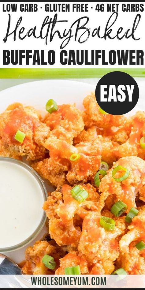 Baked Healthy Buffalo Cauliflower Bites Wings Recipe - Paleo & Keto - A baked buffalo cauliflower bites recipe with just 6 ingredients. Everyone will love these easy, healthy, crispy, and low carb buffalo cauliflower wings! #wholesomeyum #keto #lowcarb #appetizer #ketosnack Healthy Buffalo Cauliflower, Baked Buffalo Cauliflower Bites, Buffalo Cauliflower Wings, Buffalo Cauliflower Recipes, Baked Buffalo Cauliflower, Buffalo Cauliflower Bites, Healthy Party Food, Cauliflower Wings, Easy Cauliflower