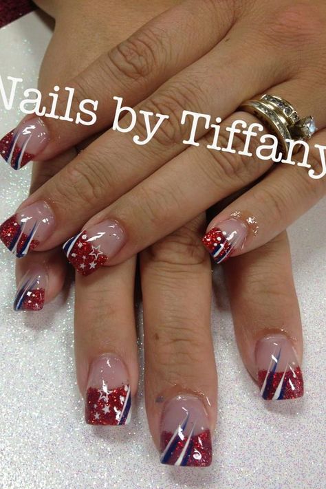 4th of July Acrylic Nails | Acrylic nails by Tiffany 4th July Acrylic Nails, 4th Of July Nail Tips, 4th Nails Design, 4th Of July Nails Glitter, 4th Of July French Tip Nail Designs, Red French Tip Nails Fourth Of July, Red White And Blue Nails With Rhinestones, July 4th French Nails Designs, Red White And Blue French Nail Tips