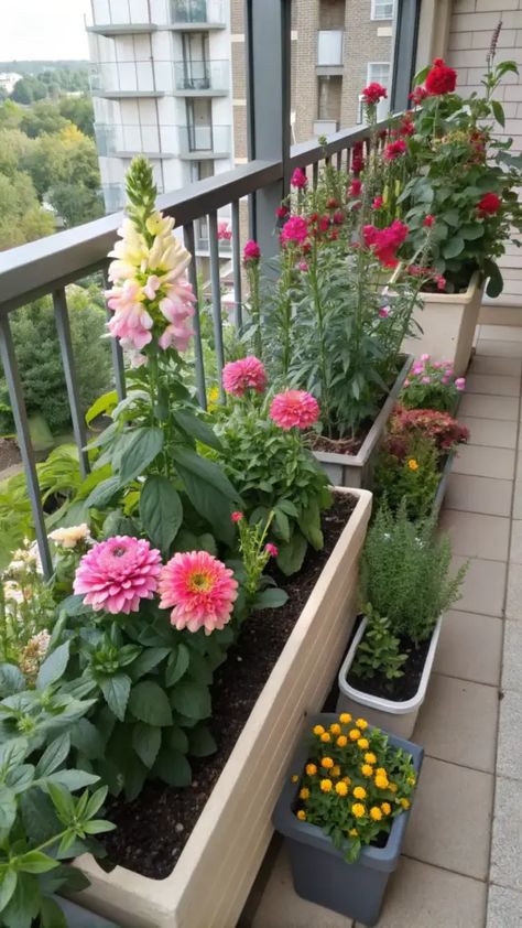 A small flower garden balcony featuring raised cream-colored beds filled with pink foxgloves, zinnias, and dahlias. Bright red blooms and small yellow flowers in pots add color, while lush greenery fills spaces between containers. A dark metal railing and building facade are visible above beige paving tiles. Cream Colored Bed, Small Flower Garden, Paving Tiles, Flowers In Pots, Small Flower Gardens, Metal Railing, Small Yellow Flowers, Metal Railings, Dark Metal