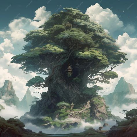 Premium Photo | The tree of life is a tree with a house on it. Large Fantasy Tree, World Tree Art, Tree Kingdom, Tree Palace, Nature Kingdom, Mythical Places, Tree Dragon, Massive Tree, Elder Tree