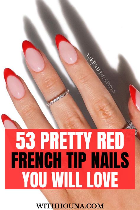 Red French tip nails are always the sexiest and the most recreate French nails after the classic white French tip nails. Thus, you can never get wrong with getting your red French tip nails done. As so, we've got you the best Red French tip nails and red French nails to choose from for your next mani. You'll find everything from dark red French tip nails, red French tip nails short, black and red French tip nails, pink and red French tip nails, red French tip nails long, and so much more. Red Holiday French Tip Nails, White Red Tip Nails, Red French Tip Nails Oval, Almond Nails With Red Tips, Red Tip Acrylics, Red French Nails Ideas, Red French Nail Designs, Red Nails Tips, Red Tip French Nails