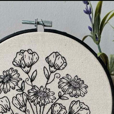 Black Outline Embroidery, Moonflower Embroidery, Oval Flower Embroidery, Dark Floral Embroidery, Embroidery Moon And Flowers, Outline Embroidery, S Embroidery, Etsy Embroidery, Bag Embroidery