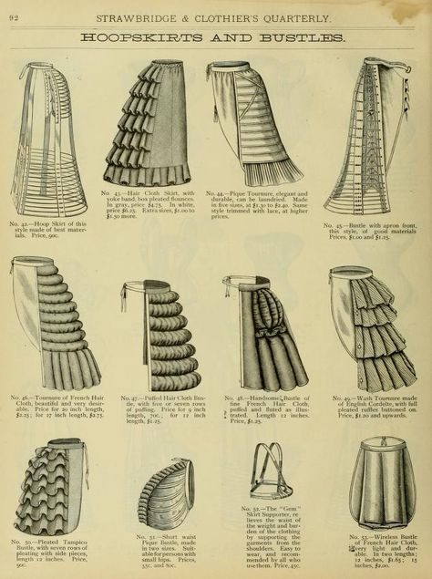 Bustle (undergarment structure); ranged from padded, cushionlike devices to half hoops of steel, the fullness dropped to below the hips, and a semicircular frame supported the trailing skirts Victorian Lingerie, Moda Medieval, Istoria Modei, 1880s Fashion, Bustle Skirt, 1800s Fashion, Bustle Dress, Victorian Costume, 19th Century Fashion