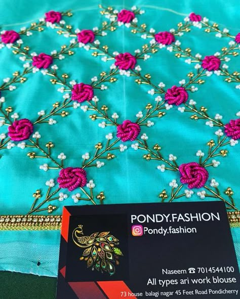 Pondy.fashion on Instagram: "Spring flower 🌸 designe #blousedesigns #pondy.fashion #ariworkblouse #pondy" Spring Work Blouse Designs, Bullion Rose Aari Work Blouse, Aari Work Rose Flower Design, Hand Work Flower Design, Aari Flower Design, Leaf Design Aari Work Blouse, Embroidered Bookmarks, Embroidered Wedding Dresses, Embroidered Coasters