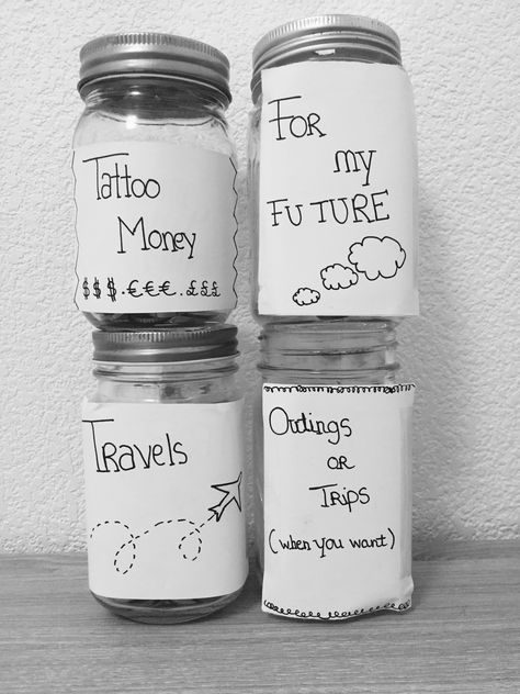 Money Jars  #tattoos #travel #future #outing Saving Money Jars, Money Jars Diy, Travel Jar, Diy Hanging Shelves, Savings Jar, Money Jars, Diy Wall Shelves, Wine Bottle Diy Crafts, Mason Jar Crafts Diy