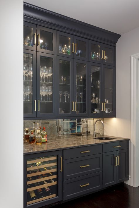 Kitchen Bar Cabinet Design, Wall Bar Cabinets For Home, Painted Bar Cabinet Ideas, Blue Cabinet Wet Bar, Bar Cabinet Color Ideas, Wet Bar With Glass Cabinets, Navy Blue Cabinets Basement Bar, Home Wet Bar Designs Luxury, Green Wet Bar Cabinets