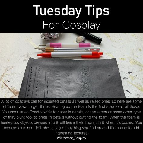 Learn how to add indented details to EVA foam armor and props with this quick and simple tutorial from Winterstar Cosplay. Dnd Cosplay Diy, Eva Foam Tutorial, Nifty Cosplay, Eva Foam Crafts, Foam Armor Tutorial, Cosplay Advice, Cosplay Foam Tips, Cosplay Armor Tutorial, Technoblade Cosplay