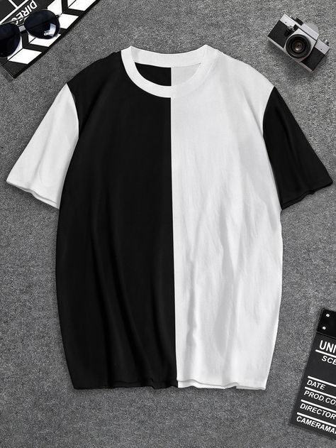 Black and White Casual  Short Sleeve Polyester Colorblock  Embellished Slight Stretch Summer Men Tops Shoes Drawing, Men Tops, Colour Block, White Casual, White Tshirt, Mens Summer, Black Shirt, Color Blocking, Printed Shirts