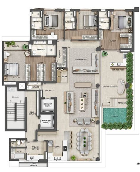 Penthouse Plan, Modern House Floor Plans, Residential Building Design, Building House Plans Designs, House Layout Plans, Apartment Plans, Home Design Plans, Residential Building, House Layouts