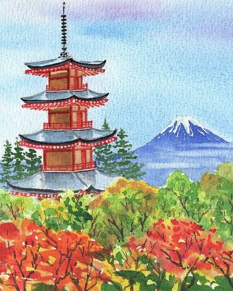 Watercolor Japanese Art, Pagoda Watercolor, Pagoda Painting, Chureito Pagoda, Gunung Fuji, Watercolor Japanese, Japan Watercolor, Poster Color Painting, Japanese Pagoda