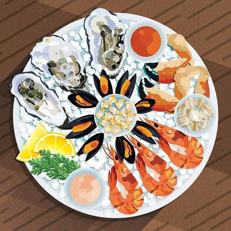 Seafood Boil Party Decorations, Seafood Enchiladas Recipe, Seafood Art, Seafood Boil Party, Baked Shrimp Recipes, Seafood Medley, Seafood Shop, Watercolor Food Illustration, Seafood Bisque