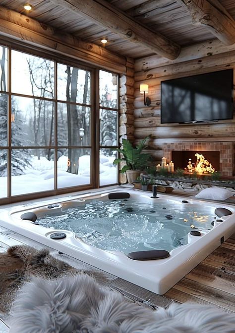 Indoor Jacuzzi, Sauna House, Cabin Living Room, Cabin Trip, Dream Shower, Fantasy Rooms, Barn Style House Plans, Spanish Style Home, Dream Living