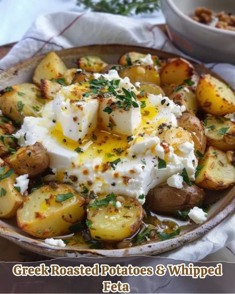 RecipesEpic Family | Greek Roasted Potatoes & Whipped Feta  | Facebook Greek Roasted Potatoes, Baking Potatoes, Whipped Feta, Roasted Potatoes, Garlic Cloves, Feta, Garlic, Lemon, Baking