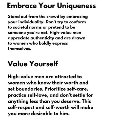 Attracting high-value men requires a combination of inner strength, outer grace, and a deep understanding of what truly matters. It's about being a woman of substance, with a clear sense of purpose, values, and vision. Embrace your worth, cultivate your passions, and radiate confidence. The right man will be drawn to your light, intellect, and authenticity. Woman Of Substance, Sense Of Purpose, Radiate Confidence, Being A Woman, The Right Man, Self Respect, Inner Strength, You Deserve, Self Care