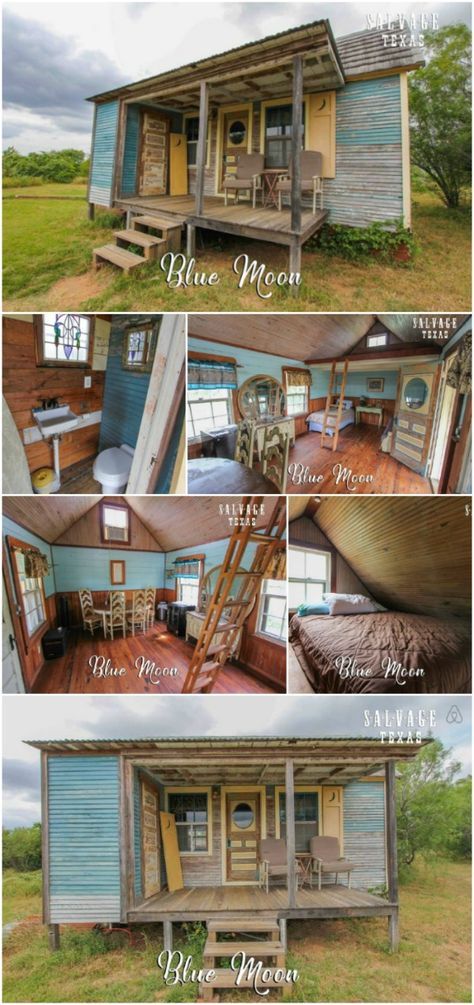 The Blue Moon Tiny House is a Cozy Dream Vacation House - Salvage Texas is a one-of-a-kind bed and breakfast where you can stay in a tiny house and take workshops on tiny house construction. You can even shop there for salvaged materials like those used in the beautiful tiny accommodations on the site. Tiny Homes Interior, Tiny House Construction, Tiny Home Plans, Tiny Home Living, Tiny House Interior Design, Building A Tiny House, Best Tiny House, Tiny House Inspiration, Tiny Home Ideas