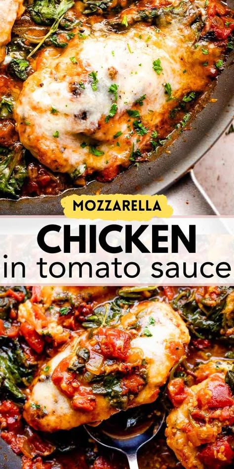 Quick and easy mozzarella chicken in tomato sauce, all prepared in just one pan. A satisfyingly cheesy chicken dinner recipe with sweet and bubbly sauce and incredible flavor! #chickendinner Cheesy Chicken Dinner, Chicken In Tomato Sauce, Chicken Dinner Recipe, Mozzarella Chicken, Creamy Tomato Sauce, Easy Chicken Dinner Recipes, Chicken Dinners, Cheesy Chicken, Chicken Dishes Recipes